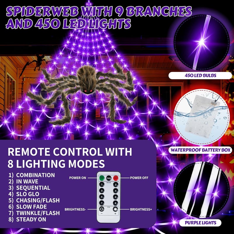 Seifar Halloween Spider Web Lights Giant Spider, 16.4Ft 450 LED Lighted Spider Web with with 8 Lighting Modes Waterproof & Timer for Indoor Outdoor House Haunted Yard Decor, Purple - Image 3